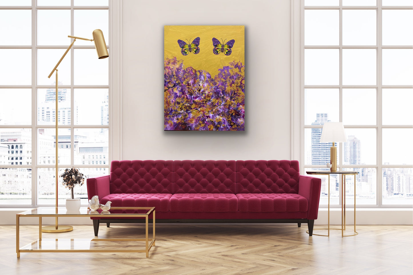 Gold and Purple Flowers - 16" x 20" Stretched Canvas